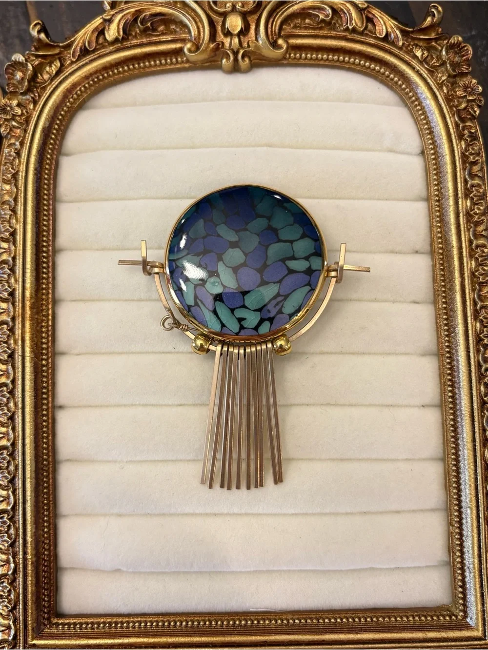 Vintage Glass Mosaics Look Glass Brooch Pin Metal Dangle Pins White Stone UNIQUE